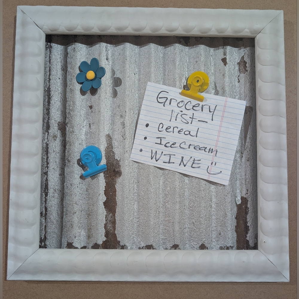 White And Sage Framed Rustic Corrugated Metal Memo Board with Colorful Magnets